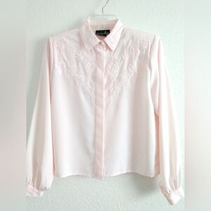 Beautiful Vintage Pink Embroidered Blouse High Neck Long Sleeve Size 4P 4 PETITE